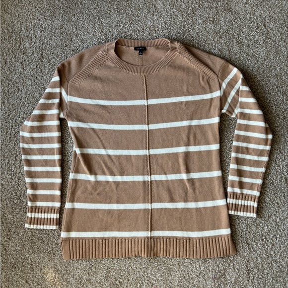 Talbots Large Textured Thick Knit Sweater Tan White‎ Stripe Casual Preppy Cotton - Picture 1 of 6